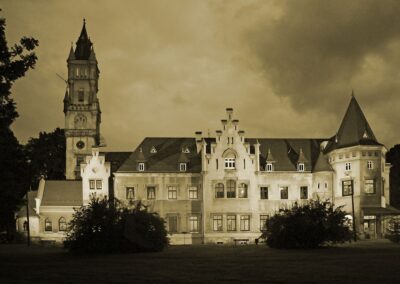 Front pałacu w Nakle Śląskim, przed nim trawnik z dwoma krzewami jaśminu.